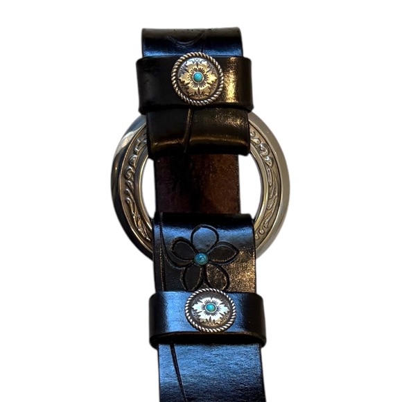 Vtg Al Stohlman Brand Black Leather Belt Floral Tooled Silver Western Cowgirl - Picture 2 of 11